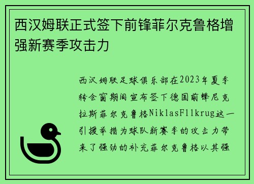 西汉姆联正式签下前锋菲尔克鲁格增强新赛季攻击力 西汉姆联正式签下前锋菲尔克鲁格增强新赛季攻击力